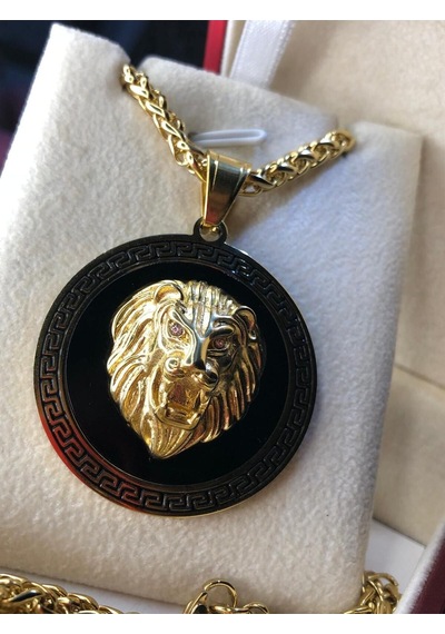 Aslan Kafası Grek Desenli Sarı Renk Işıklı Kutuda Sevgiliye Eşe Babaya Arkadaşa Çelik Kolye