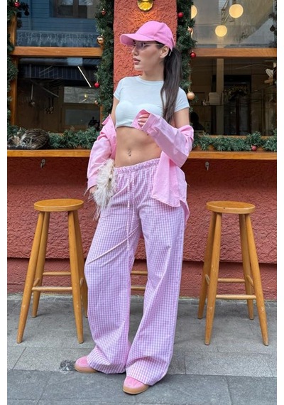 Madmext Pembe Beli Ayarlanabilir Ekoseli Bol Paça Kadın Pantolon Mg2335 Pembe
