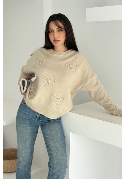 Noa & Noa Kadın Kelebek Nakışlı Örgü Kazak Naif & Dekoratif Stil Bej