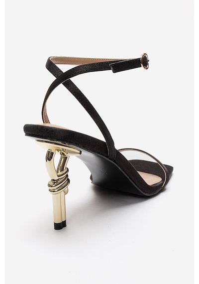 Luvishoes Sone Siyah Saten Gold Topuklu İnce Bantlı Kadın Topuklu Ayakkabı