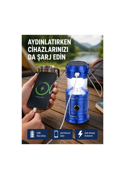 Güneş Enerjili Katlanabilir Kamp Feneri Usb Şarjlı, Hafif Ve Çok Fonksiyonlu Düz Renkli