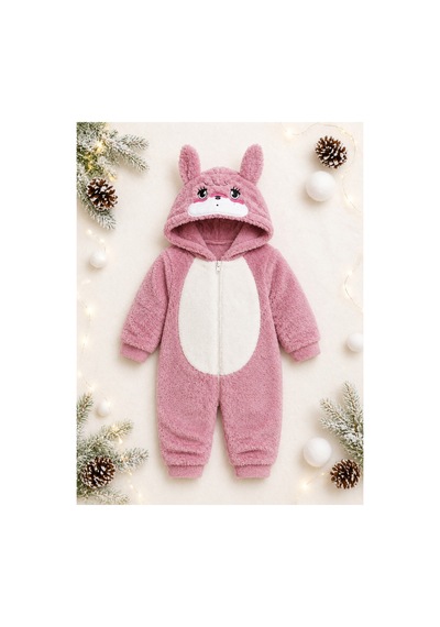 Tatlı Ayıcık Desenli Welsoft Peluş Kapüşonlu Fermuarlı Kışlık Unisex Bebek Tulumu 40197 Pembe