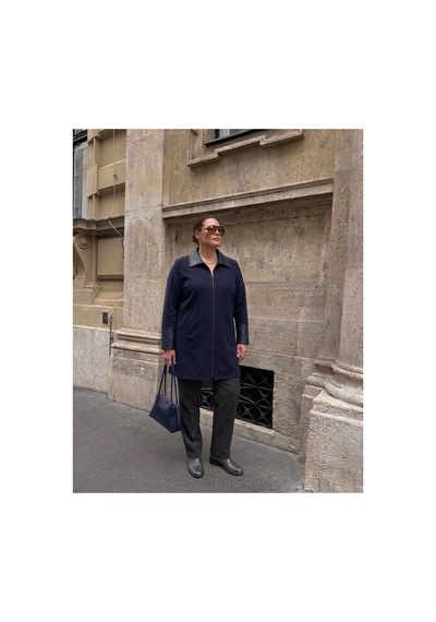 Onno Style Women Yaka Kol Ağzı Derili Çelik Örgü Triko Kaban Lacivert