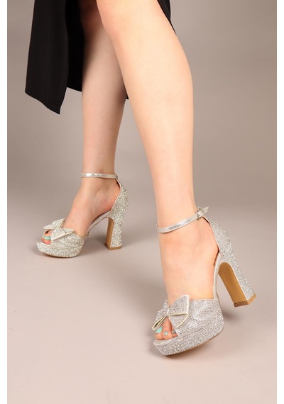 Jelly Taşlı Fiyonklu Platform Topuklu Ayakkabı Gümüş-8012 Gümüş