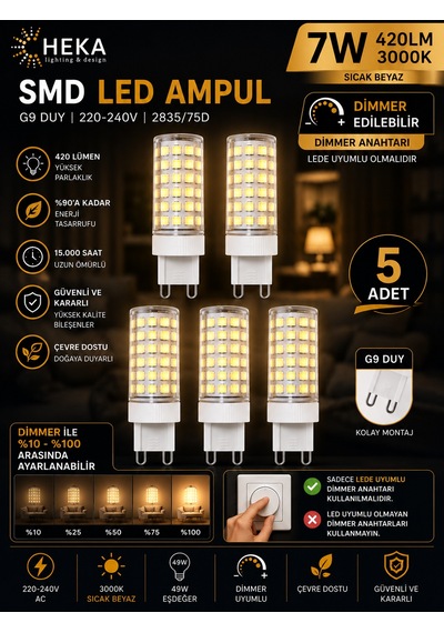 5 Adet Heka 7w Günışığı 3000k G9 Duylu Dim Edilebilir Led Kapsül Ampul