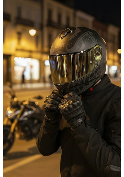 Gıvı 50.x Bones Siyah  1 Renkli 1 Şeffaf Vizörlü Motosiklet Kask Gold Vizör + Şeffaf