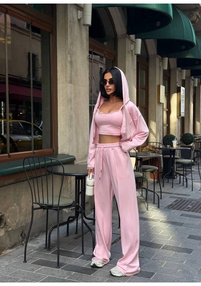 Evoa Kadın Pembe Dantel Detaylı Kapüşonlu Crop Hırka Palazzo Pantolon 3 Lü Takım