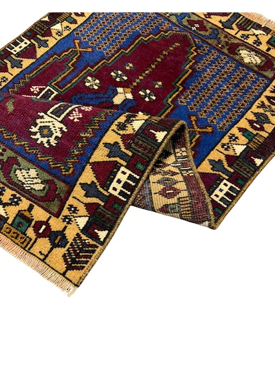 El Dokuma Eskitme Vintage Yahyalı Halısı Seccade 59x104 Kök Boya Yün Küçük Namazlık Renkli