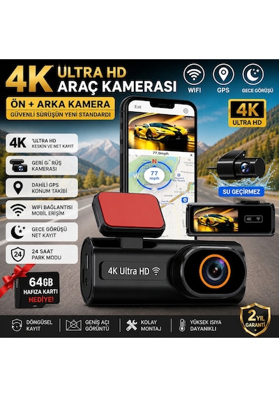 Triline Ultra Hd 4k Mini Ön Ve Arka Araç Kamerası 64gb Hafıza Gece Görüşlü Gps Destekli Kamera