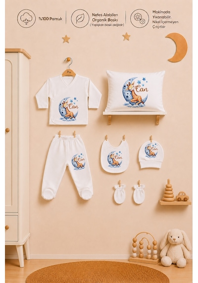 Pia Baby Erkek Bebek 7 Parça Hastane Çıkışı Seti %100 Pamuk Kişiye Özel İsimli Zıbın Set 1038zybyx Ekru