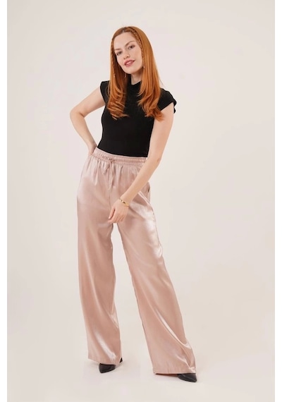 Defymoda Parlak Görünümlü Cepli Bej Bol Paça Pantolon Bej