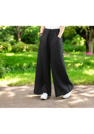 Yazlık Beli Lastikli Şık Keten Pantolon siyah