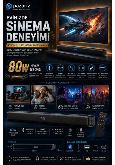 Soundbar Kablosuz Ev Sinema Sistemi Stereo Hd Ses Kalitesi 80w Led Ekranlı Tv005