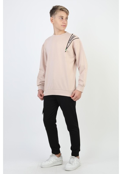 Mevsimlik Respect Baskılı 2 İplik %100 Pamuk 2 İplik Uzun Kollu Erkek Çocuk Sweatshirt-90931 Bej