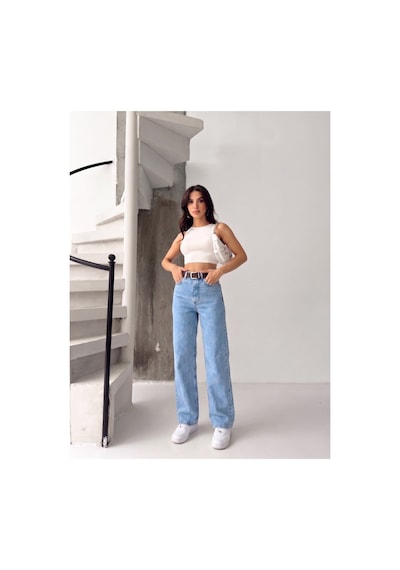 Kene Jeans Buz Kar Kemerli Likralı Bol Paça Denim Pantolon Buz Kar