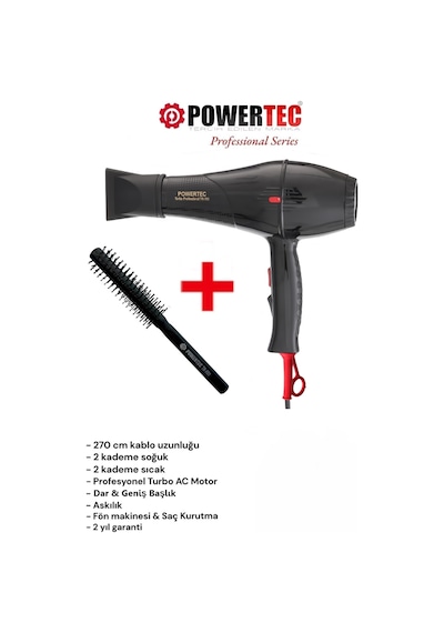 Powertec TR-701 Profesyonel Fön Makinesi + Profesyonel Berber Fön Fırçası Siyah