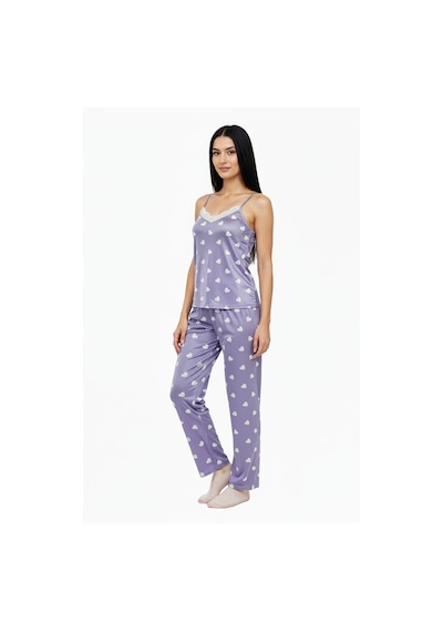 Altı Uzun İp Askılı Yumuşak Kalp Desenli Mor Pijama Takımı Mor