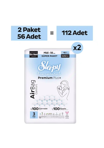 Sleepy Bio Natural Premium Plus Airbag Comfort Avantaj Paketi Bebek Bezi 3 Numara Midi 112 Adet