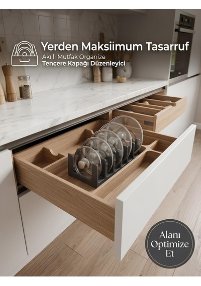 6 Bölmeli Tencere Kapağı Ve Tabak Düzenleyici Çekmece İçi Organizeri Yıkanabilir Tava Sahan Organizer 6 Adet Siyah Toka