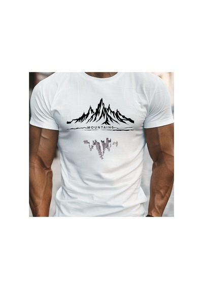 Caddemia Yaz  Moda Rahat Spor Gevşek Moda Dağ Desen Baskılı Yuvarlak Boyun Kısa Beyaz 2XL