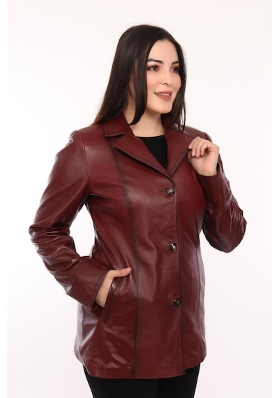 Hakiki Kuzu Derisi Blazer Düğmeli Kadın Ceket Bordo Bordo