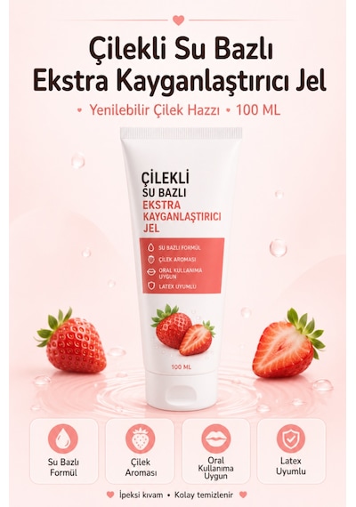 Çilek Aromalı Su Bazlı Ekstra Kayganlaştırıcı Jel 100 Ml Yenilebilir Çilek Hazzı Aromalı Jel