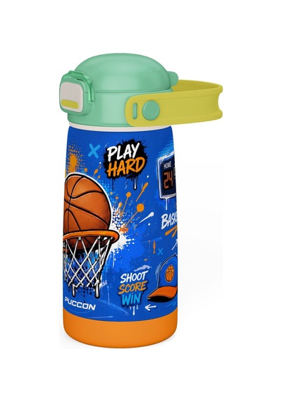 Puccon 420 Ml Erkek Çocuk Basketbol Baskılı Mavi Kahverengi Çelik Matara Termos - Sızdırma - 60031 Çok Renkli