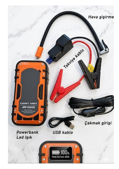 Kraft Hart Akü Takviye Cihazı 4'ü 1 Arada Powerbank, Hava Kompresörü, Lcd Ekran, 12.000mah 150psı Akü Takviye Cihazı