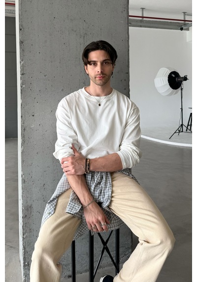 Erkek Oversize Uzun Kollu Basic T-shirt Beyaz