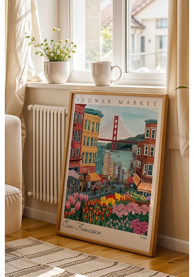 San Francisco Amerika Çerçeveli Tablo Seyahat Severlere Salon Ve Ofis İçin Estetik Duvar Dekoru Travel Flower Market