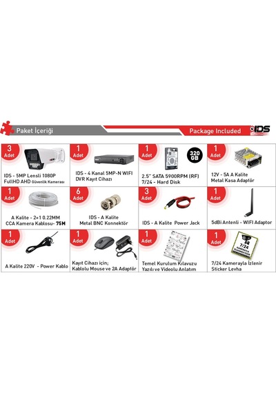 3 Kameralı 9 Led Gece Görüşlü Fullhd Güvenlik Kamerası Seti - Cepten İzle - 320gb