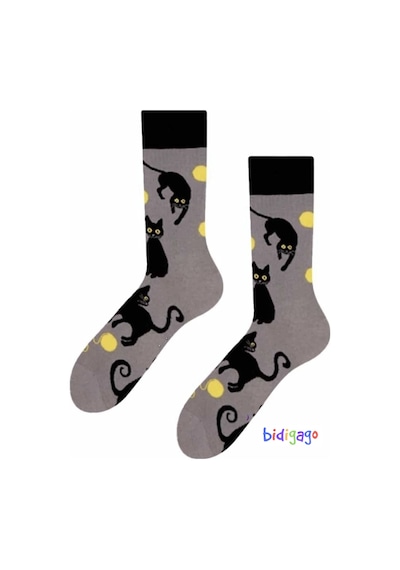 Bidigago Kara Kedi Sarı Yumak Desenli Unisex Çorap Renkli