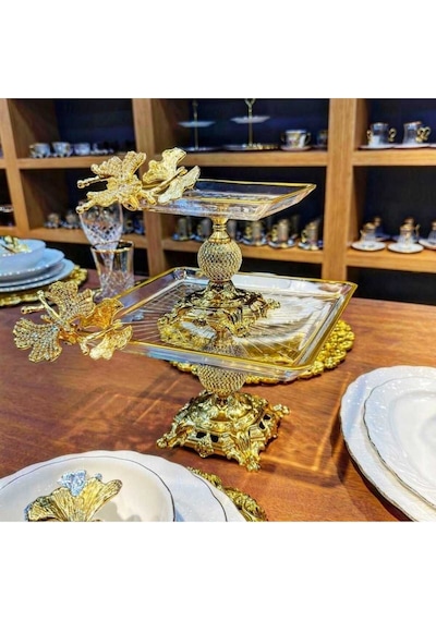 Elta Collection Paşabahçe 2 Li Kelebekli Elmas Kare Döküm Ayaklı Pasta Sunumluk Kurabiyelik Goldd
