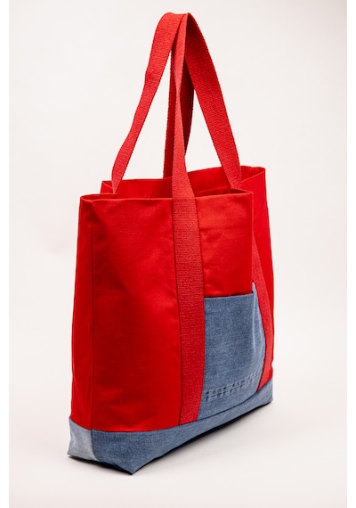 Fabric Craft Bag Plaj & Günlük Omuz Çantası Kırmızı Denim Detaylı Astarlı 51x44 Cm Kırmızı - Mavi
