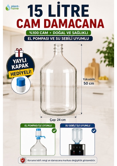 15 Litre Cam Damacana %100 Cam Sebil Ve El Pompası Uyumlu Yaylı Kapak Hediyeli Doğal, Sağlıklı Ve Dayanıklı Şeffaf