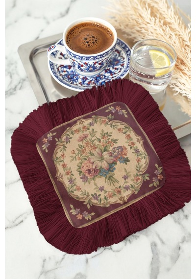 Zarif Vintage Çiçekli Saçaklı Sunum Servis Altlığı Mendil-chic Nostaljik Bordo Krem Sunumluk Peçete Çok Renkli