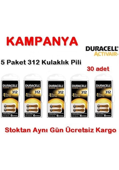 Duracell 312 Numara Pil Kulak İçi Işitme Cihazı Pili 5 Paket-Topl