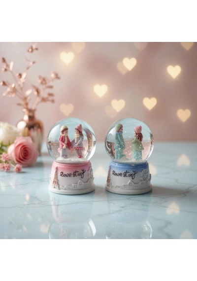 Love Story Mini Kar Küresi - Işıklı - 7x4 Cm - Pilli Romantik Hediye Çiftlik Hayvanları
