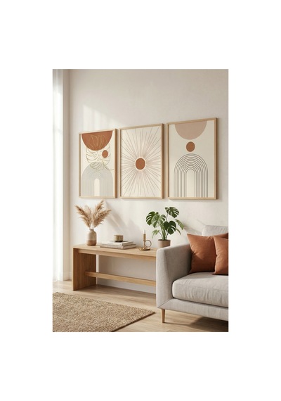 Doğal Ahşap Çerçeveli Boho Güneş Geometrik Soyut Modern Duvar Tablosu 3 Lü Set Ahşap