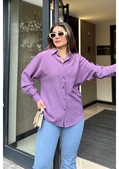 WeShaya Kadın Mor Basic Model, Gofre Kumaş, Salaş Gömlek Lila