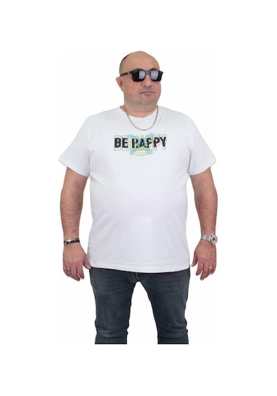 Starbattal Erkek Büyük Beden Sıfır Yaka Tişört Be Happy 24131 Beyaz-Beyaz