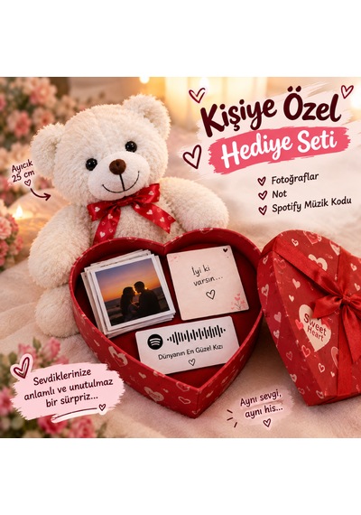 Sevgiliye Özel Ayıcık Hediye Kutusu 10 Fotoğraf, Kişiye Özel Not Ve Spotify Şarkı Hediye Seti