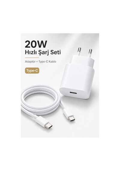 20w Hızlı Şarj Cihazı/kablo Seti Type C - Tüm Cihazlarla Uyumlu - Dayanıklı Hasır Örgü Kablo