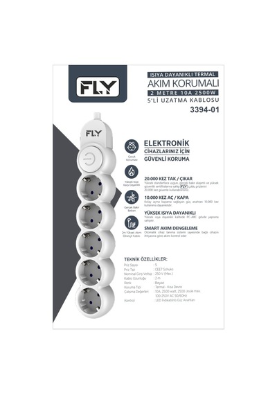 Fly 3394-01 5 Soket Akım Korumalı Priz 2.1a Anahtarlı 2mt Kablo Beyaz 1923 0