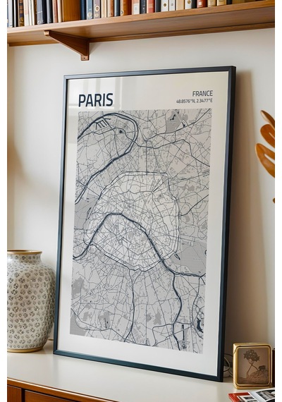 Paris Fransa France Haritası Çerçeveli Tablo Lüks Salon Ofis Duvar Dekorasyonu Hediyelik Tablo