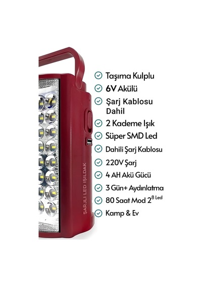 Kamp Lambası Ve Portatif Işıldak Usb Şarj 6v Akülü 80 Saat - 3 Gün Aydınlatma 24 Smd Led Işıldak Lamba 220v Şarj - Usb Şarj Çıkışlı