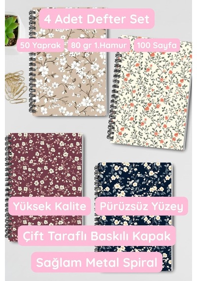 Mini Çiçekler Tasarım 4'lü Defter Seti - A5 Boyut, Tel Spiralli - Günlük, Ajanda, Okul Ve Anı Defteri A5, Çizgi