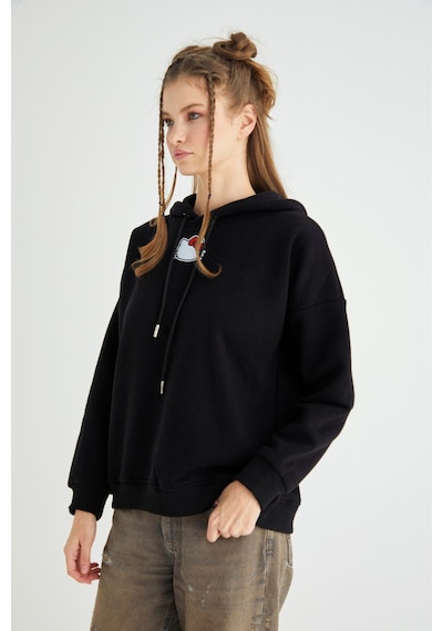 Hello Kitty Lisanslı Baskılı Kapüşonlu Kalın Sweatshirt Çok Renkli