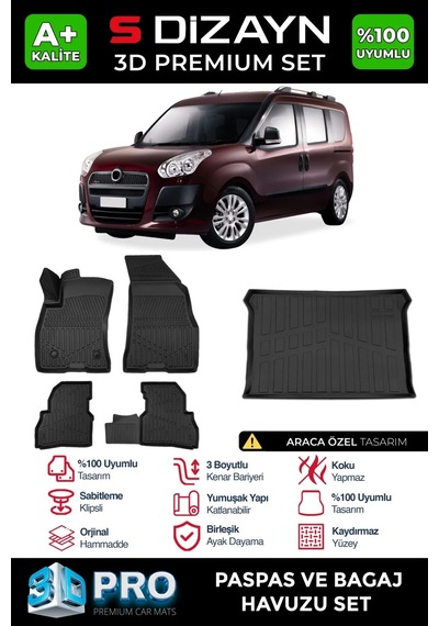 S-dizayn Fiat Doblo Geniş Aile 3d Pro Havuzlu Paspas Ve Bagaj Havuzu Seti 2'li Set 2010-2022 A+ Ka