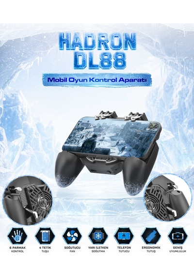 Hadron Dl88 Mobil Oyun Kontrol Aparatı Telefon Tutuculu Soğutucu Fanlı 4 Butonlu Siyah
